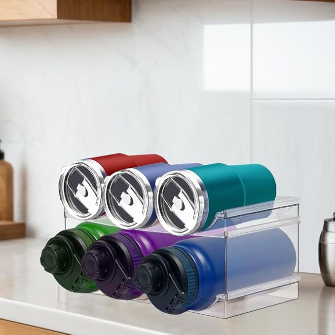 2 Pack Water Bottle Organizer, Stackable Kitchen Pantry Storage Shelf, Plastic Water Bottle Holder for Cabinet and Fridge Organization