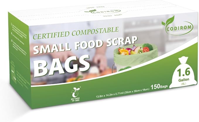 100% Compostable 1.6 Gallon Trash Bags, 6 Liter, 150 Count Kitchen Food Scrap Small Compost Bags for Countertop Bin with Europe EN13432 Certified