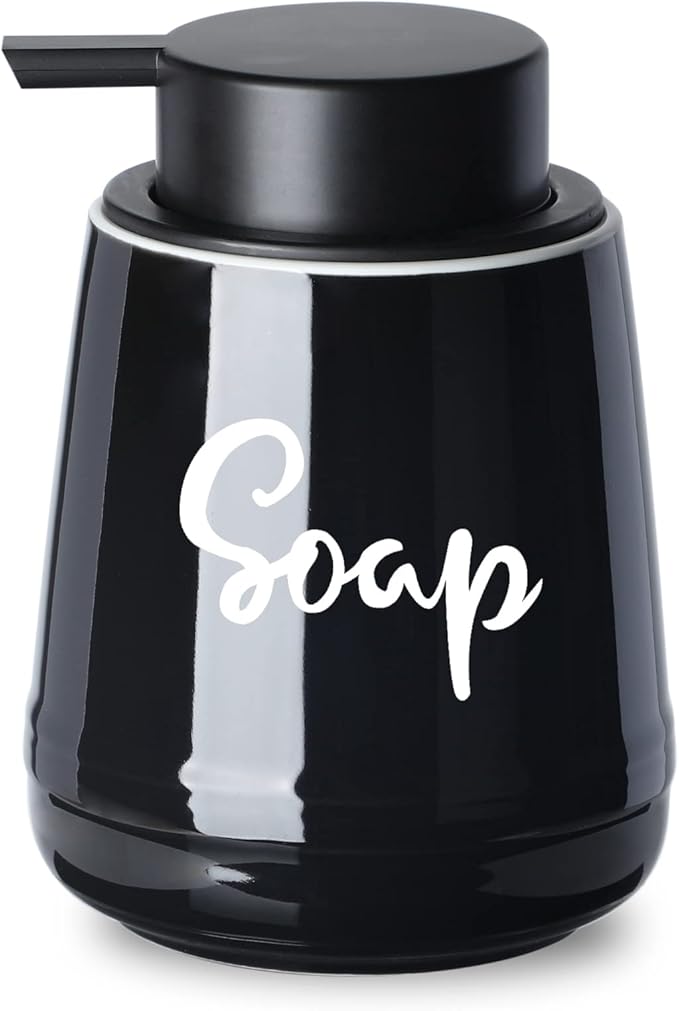 LEETOYI Bathroom Countertop Dispensers Modern Ceramic Soap Lotion Dispenser Bottles, Hand Soap Dispenser for Bathroom, Dish Soap Dispenser for Kitchen, Easy to Press Pump (Black, Labeled Soap)