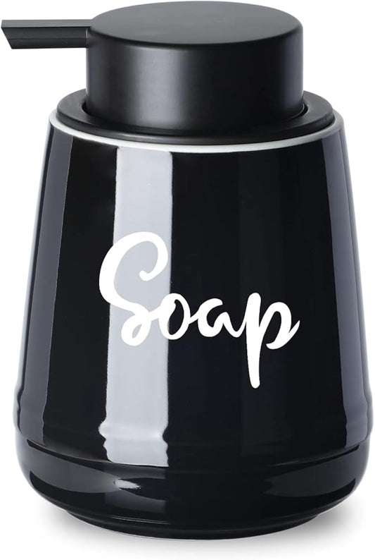LEETOYI Bathroom Countertop Dispensers Modern Ceramic Soap Lotion Dispenser Bottles, Hand Soap Dispenser for Bathroom, Dish Soap Dispenser for Kitchen, Easy to Press Pump (Black, Labeled Soap)