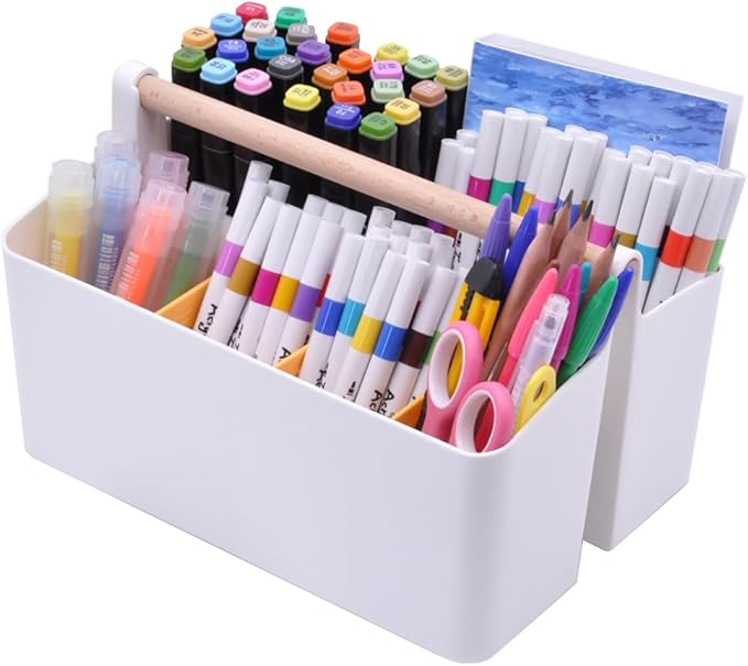 Art Caddy Organizer with Handle, Marker Organizer, Art Supply Storage Organizer with Adjustable Dividers, Portable Storage Bin for Craft Supplies Colored Pencils Makeups Tools Pen Holder for Desk
