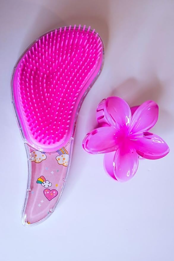 Detangling Brush for Girls 7 Pack - Brush for Straight, Curly, Wet or Dry Hair - Rainbow Design with Curlers - Flower Clip Attachment - Gentle Pull-Free for Long Fine Hair - 7.5¨