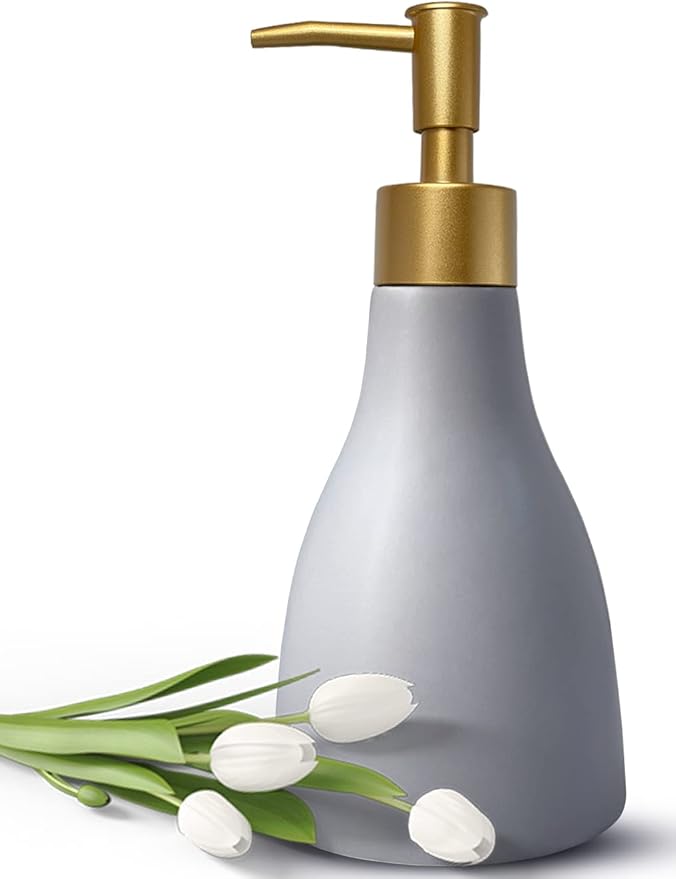 280ml Liquid Soap Dispenser for Bathroom with Gold Pump，Dish Soap Dispenser for Kitchen，Refillable Countertop Lotion Ceramics Gray Hand Soap Dispenser for Shower