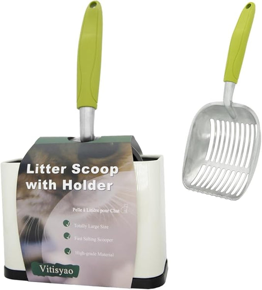 Large Aluminum Cat Litter Scoop with Holder - Heavy Duty Kitty Metal Scooper & Speed Sifter with Comfortable Grip - Stainless Steel Scooper Stand for Cat Litter Box