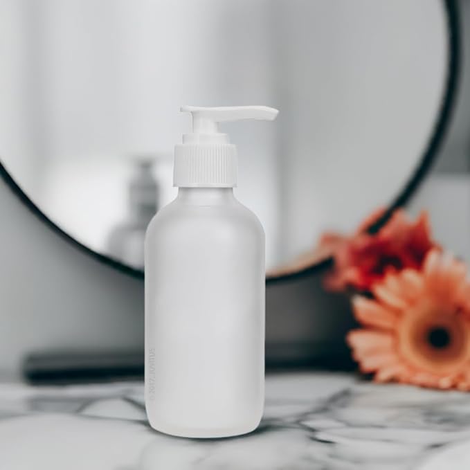 4 oz Frosted Clear Glass Boston Round Bottle with White Lotion Pump (6 Pack) + Funnel