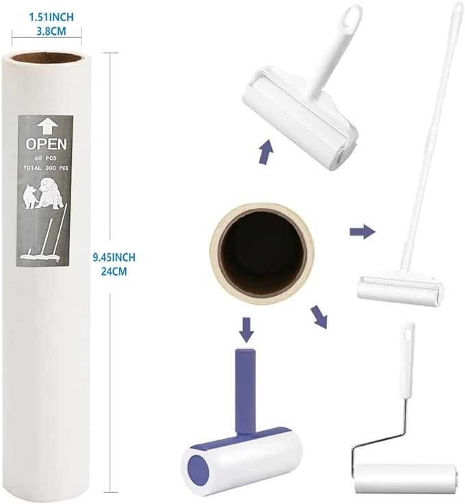 5 Pack 9.45 Inch Wide Large Lint Roller Refills (1.51In Inner Diamerter), Supersize Extra Sticky Roller Refills for Pet Hair Removing(300 Sheets)