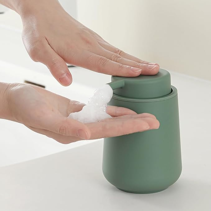 Sage Green Foaming Hand Soap Dispenser Plastic 11 oz - Modern Minimalist Style for Bathroom & Kitchen Countertop Refillable