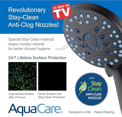 Hotel Spa AquaCare for California As-Seen-On-TV High Pressure Handheld Rain 50-mode 3-way Shower Head Combo with Adjustable Arm, Anti-clog Jets, Tub & Pet Power Wash, 6 ft. Hose, Matte Black