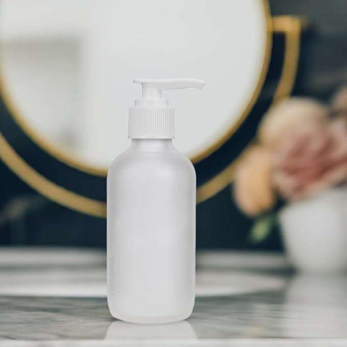 4 oz Frosted Clear Glass Boston Round Bottle with White Lotion Pump (6 Pack) + Funnel