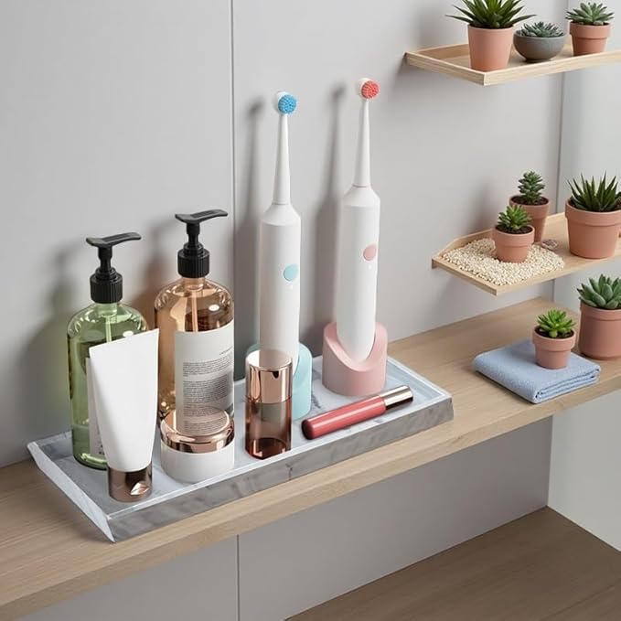 2PCS 11.8” L x 5” W Silicone Soap Dispenser Tray, Bathroom Sink Vanity Trays for Dresser Tops, Toilet, Small Tray for Scrubber, Lotion Bottles, Perfume, Jewelry, Candle, Key Trinket Ring-White Marble