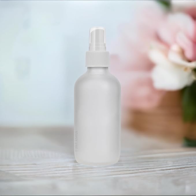 JUVITUS 4 oz Frosted Clear Glass Boston Round Bottle with White Fine Mist Sprayer (6 Pack) + Funnel
