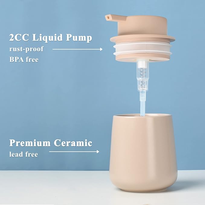 BosilunLife Hand Soap Dispenser - Ceramic Dish Soap Dispenser for Bathroom 12ounce Refillable Liquid Hand Wash Dispenser for Essential Oil, Lotion Soap, Khaki