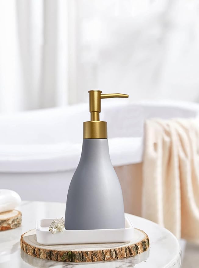 280ml Liquid Soap Dispenser for Bathroom with Gold Pump，Dish Soap Dispenser for Kitchen，Refillable Countertop Lotion Ceramics Gray Hand Soap Dispenser for Shower