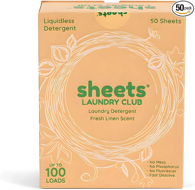 Sheets Laundry Club - Liquidless Laundry Detergent Sheets, 100 Loads - Fresh Linen Scent, Eco-Friendly, Quick-Dissolving Formula, Hypoallergenic, Septic Safe, Plastic-Free Packaging - 50 Sheets