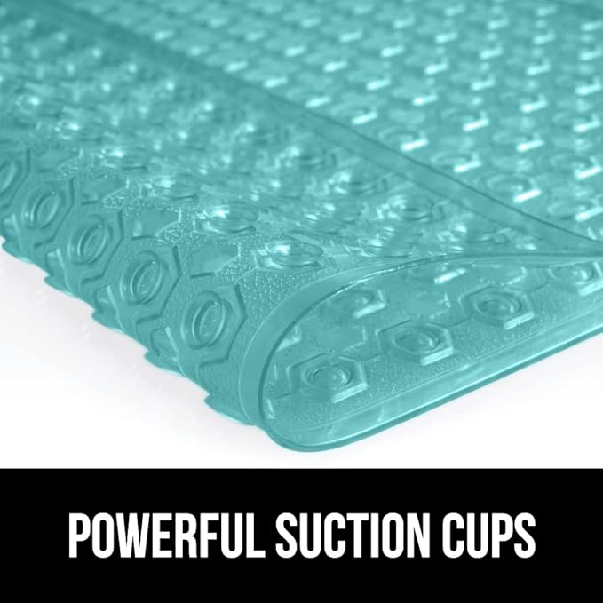 GORILLA GRIP Patented Bath Tub Shower Mat, Machine Washable Bathtub Floor Liner Mats, Suction Cups and Drain Holes to Keep Tubs Clean, Soft on Feet, Bathroom Essentials, 35x16 Inch, Clear Turquoise