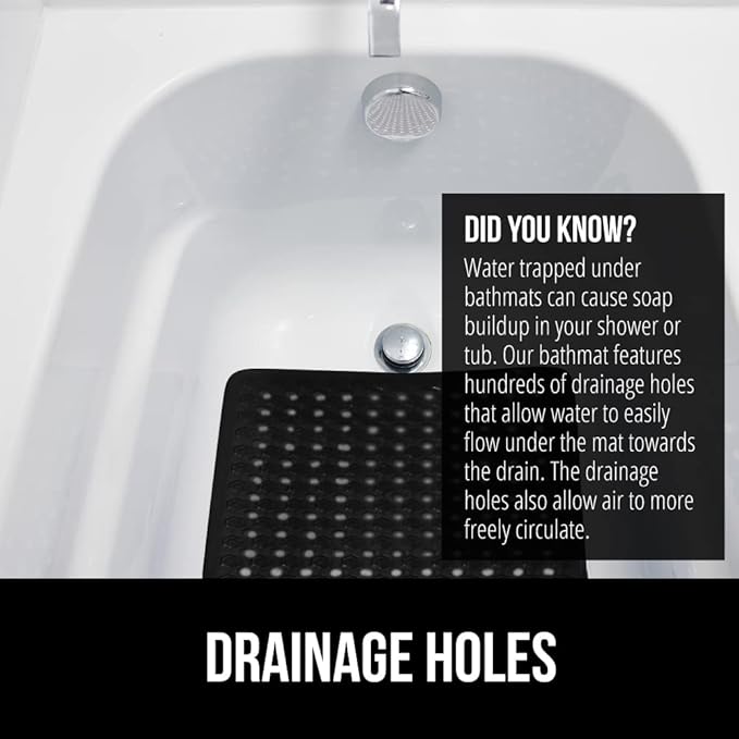 GORILLA GRIP Patented Bath Tub Shower Mat, Machine Washable Bathtub Floor Liner Mats, Suction Cups and Drain Holes to Keep Tubs Clean, Soft on Feet, Bathroom Essentials, 35x16 Inch, Black