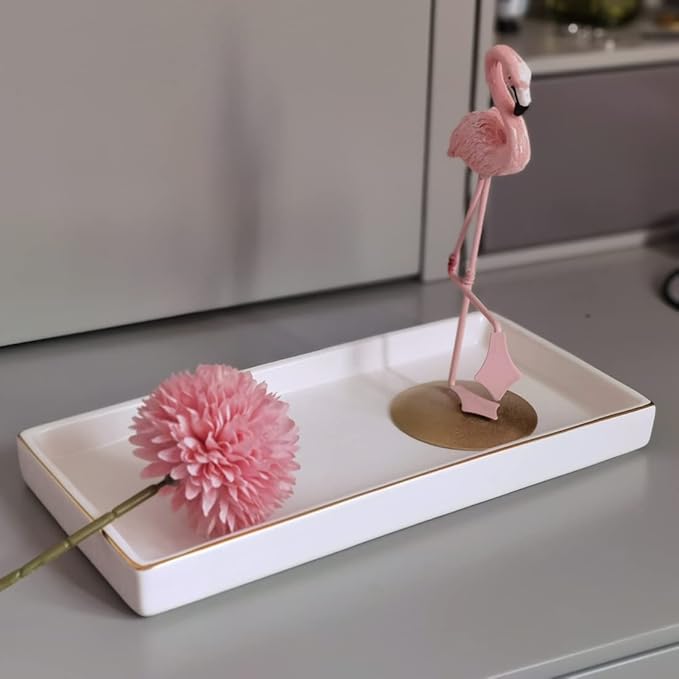 10 x 5 Ceramic Bathroom Tray for Countertop, Decorative Vanity Tray for Dresser Tops, Small Rectangular Trays for Perfume, Candle, Jewelry, Cosmetics (White)