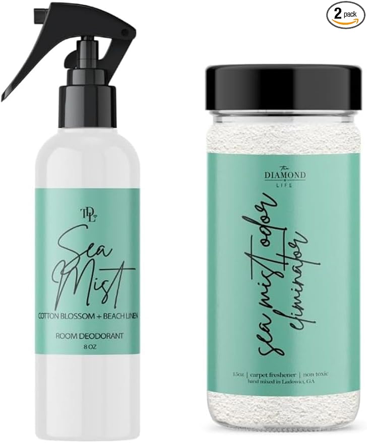 Home “Sea Mist” Carpet Powder & Room Spray Bundle – Cotton Blossom & Linen Scent – Natural Fabric & Upholstery Freshener, Air Mist, Home Fragrance for Families with Kids & Pets