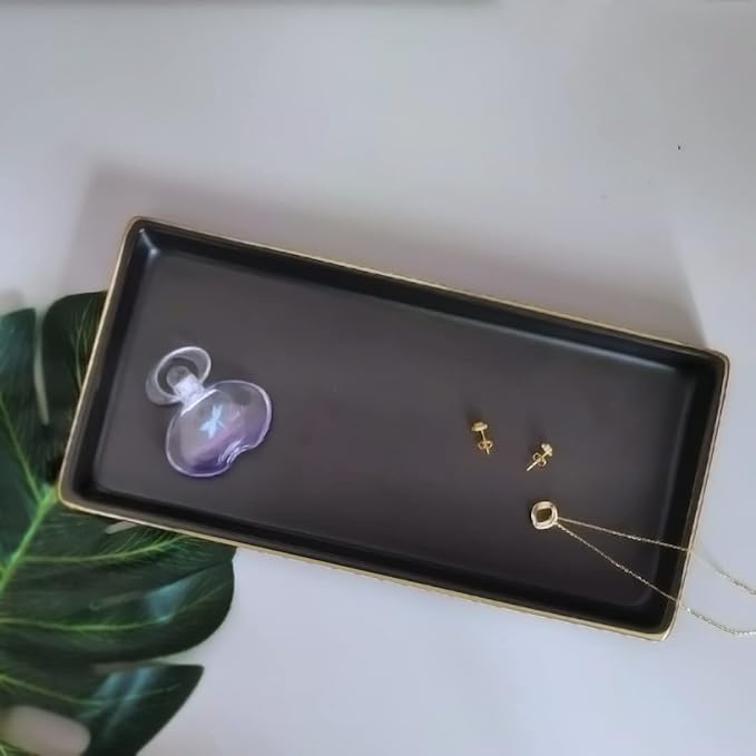 10 x 5 Ceramic Bathroom Tray for Countertop, Decorative Vanity Tray for Dresser Tops, Small Rectangular Trays for Perfume, Candle, Jewelry, Cosmetics (Black)