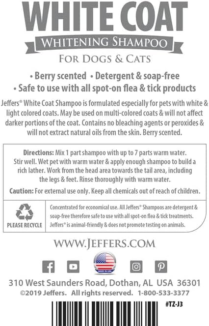 Jeffers White Coat Pet Shampoo for Dogs, Cats, & Small Animals, 17 oz - Soap Free, Concentrated Formula for White & Light Coats, Berry Scented, Safe for All Coat Types, Ideal for Grooming