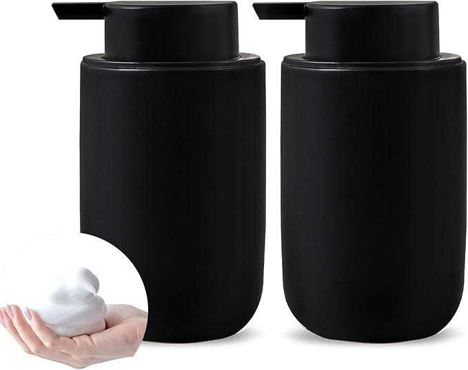 Foam Soap Dispenser Set - 2 Pack Black Ceramic Foaming Dish Hand Soap Dispenser with Black Pump for Bathroom, Bathroom Dispenser Set for Modern Home Farmhouse Decor