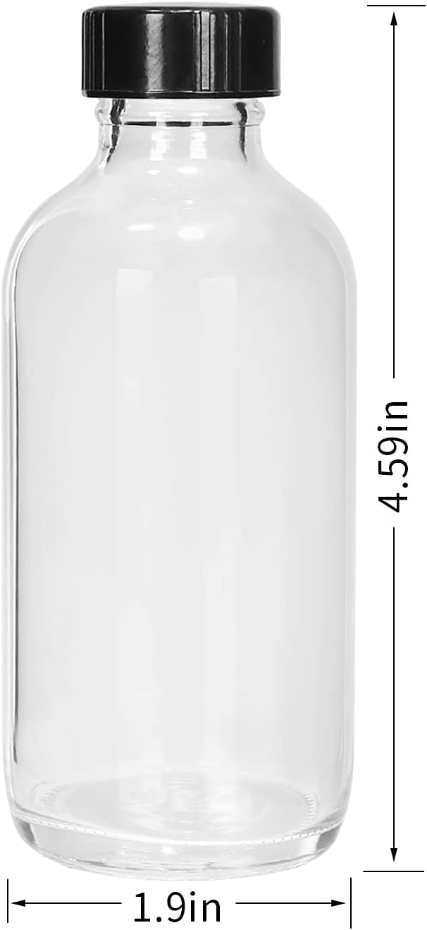 15 Pack Glass Clear Boston Bottles with Black Poly Cone Cap, 4 oz Round Glass Bottle for Essential Oil, Perfume and Liquid, Contains 24 Colored Labels, 2 Funnels, 1 Brush