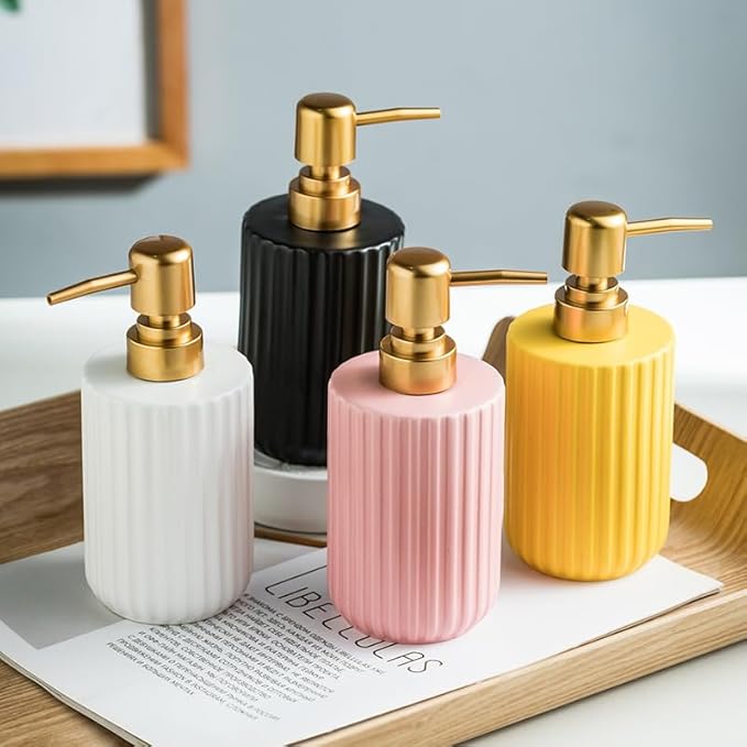 Chic Cylinder-Shaped Soap Dispenser, Vertical Stripe Design with Gold Pump, Ceramic Lotion Dispenser(Black)