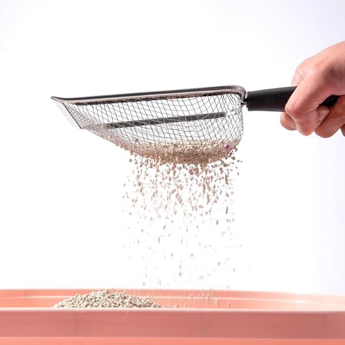 HLMOptimo Cat Litter Scoop Stainless Steel Mesh Scooper Long Handle Deep Shovel Non-Stick Coated Metal Litter Scoop for Litter Box Kitten Pooper Lifter (Black, 3.8 mm mesh)