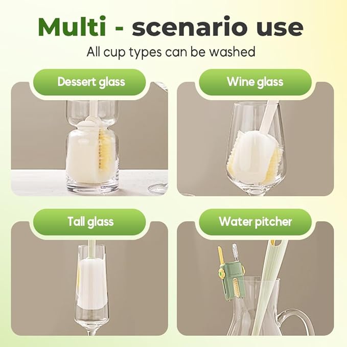 5 in 1 Bottle Cleaning Brush, 2025 New Travel Bottle Cleaner Kit, Long Handle Brush, Bottles Cleaner Brushes Set for Baby Bottles, Mugs, and Wine Glasses (Green)