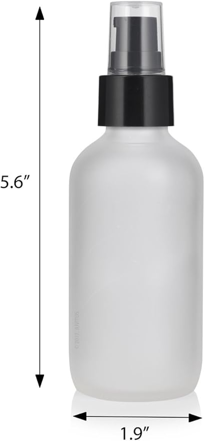 JUVITUS 4 oz Frosted Clear Glass Boston Round Bottle with Black Treatment Pump (6 Pack) + Funnel
