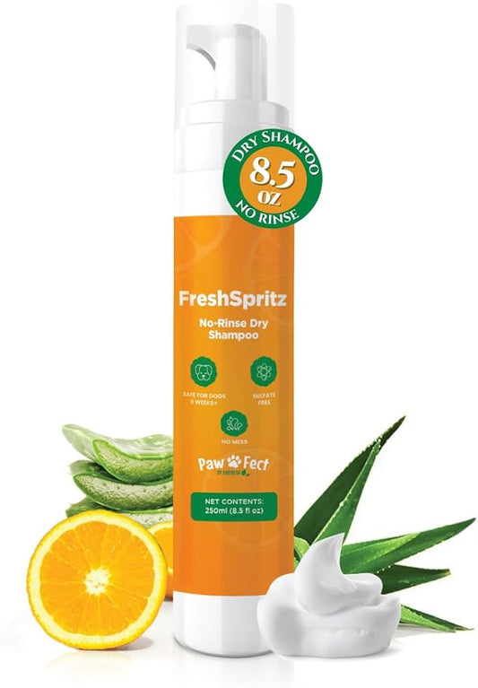 FreshSpritz 8.5 fl oz Waterless Foaming Dog Dry Shampoo with Aloe, No-Rinse Pet Wash for Odor, Dander & Allergens. Non-Sticky, Plant-Based Chamomile Scent, Fast-Drying Pet Deodorizer Grooming Foam