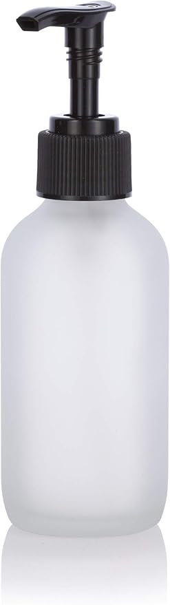 JUVITUS 4 oz Frosted Clear Glass Boston Round Bottle with Black Lotion Pump (6 Pack) + Funnel