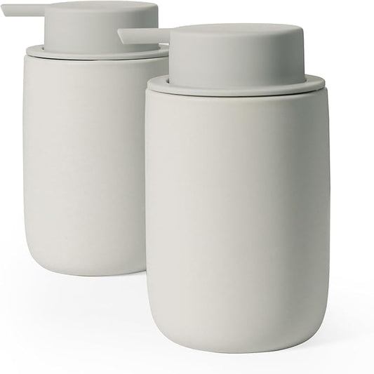 INGOFIN Ceramic Lotion Soap Dispenser Set, 2 Pack (12 oz) Bathroom Hand Soap Dispenser with Pump, Liquid Hand and Dish Soap Dispenser Set, 8 Pcs Clear Stickers,for Kitchen, Bathroom- Grey