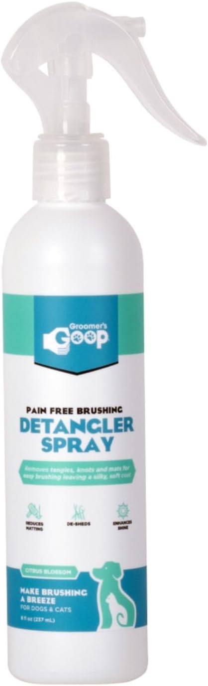 Groomer’s Goop Pain Free Brushing Detangler Spray – Tangle-Reducing Leave-in Formula Softens & Smooths Dog & Cat Coats, Gently Removes Dirt & Loose Fur, Reduces Shedding, Dye-Free – 8 oz Bottle