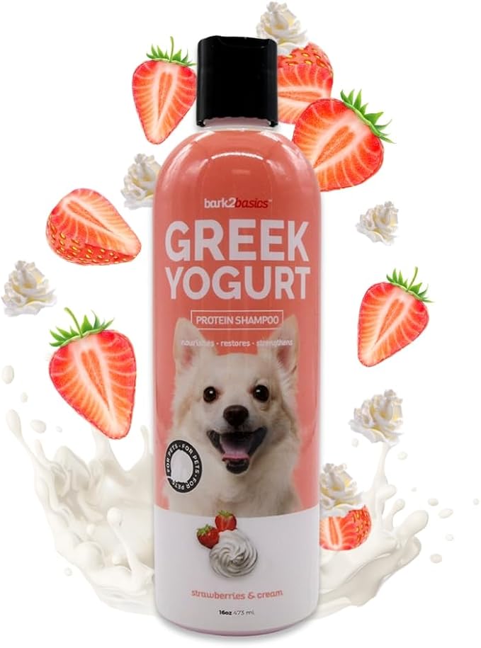 Bark2Basics Strawberries & Cream Greek Yogurt Protein Rich Dog Shampoo, 16 oz - Natural Ingredients, Protein Rich, Super Moisturizing and Hydrating, Repairs Damaged Dry Itchy Hair
