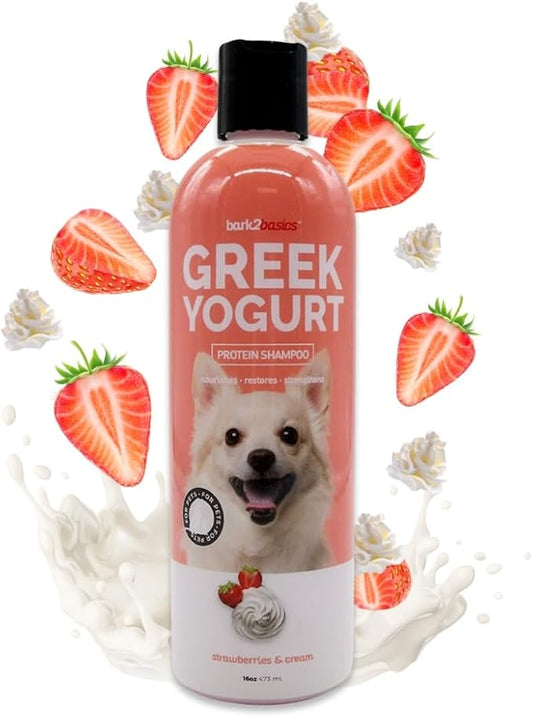 Bark2Basics Strawberries & Cream Greek Yogurt Protein Rich Dog Shampoo, 16 oz - Natural Ingredients, Protein Rich, Super Moisturizing and Hydrating, Repairs Damaged Dry Itchy Hair