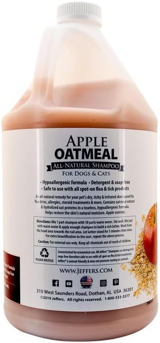 Jeffers Pet Apple Oatmeal Pet Shampoo for Dogs & Cats, 1 Gallon - Hypoallergenic, Tearless, Natural, Soap Free, Detergent Free, Best for Sensitive Skin, Dry Itchy Skin Relief, Fresh Apple Scent