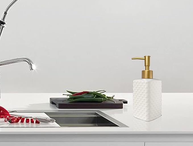 Chic Unique White Soap Dispenser for Bathroom with Golden Pump,Lotion Dispenser, Refillable Countertop Ceramic Hand Dispenser,Dish Dispenser for Kitchen 350ml(White Square Bottle)