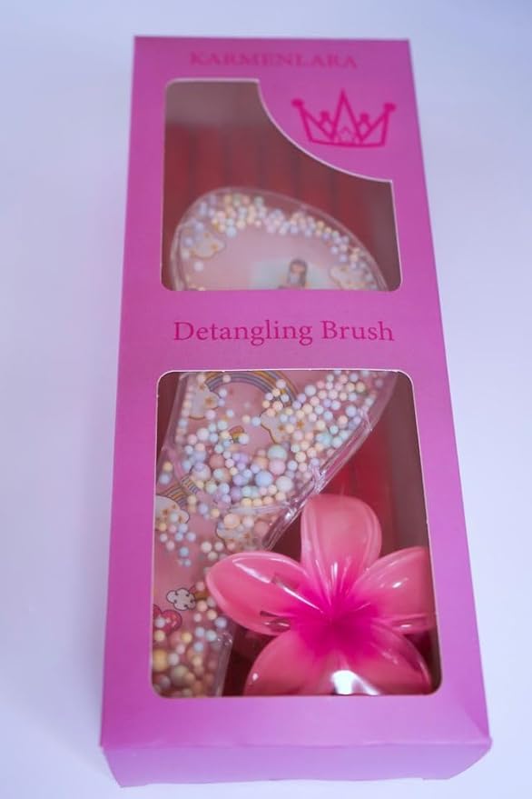 Detangling Brush for Girls 7 Pack - Brush for Straight, Curly, Wet or Dry Hair - Rainbow Design with Curlers - Flower Clip Attachment - Gentle Pull-Free for Long Fine Hair - 7.5¨