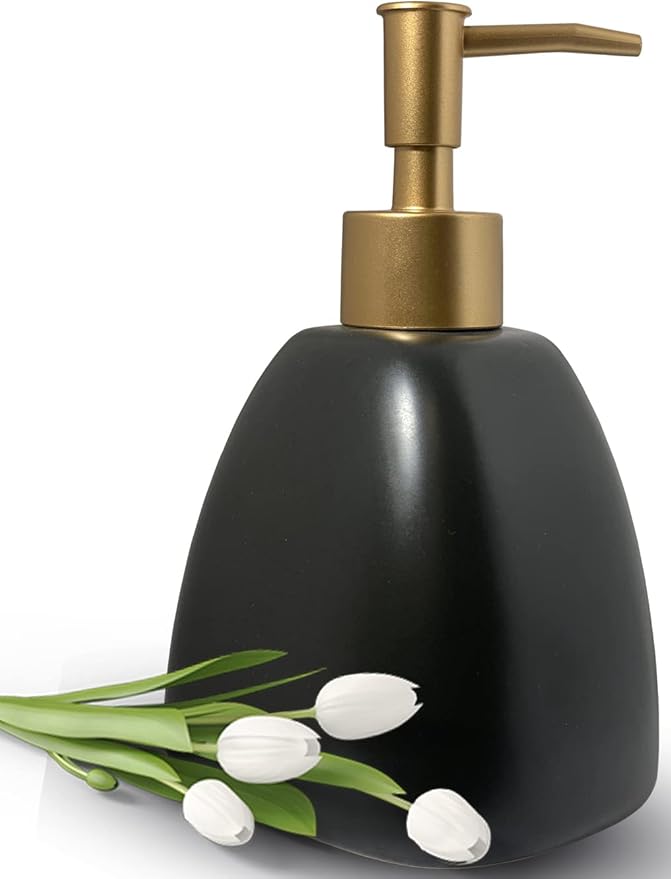 Liquid Soap Dispenser for Bathroom with Gold Pump，Dish Soap Dispenser for Kitchen，Refillable Countertop Lotion Ceramics Black Hand Soap Dispenser for Shower 430ml (Pyramid Matt Black Bottle)