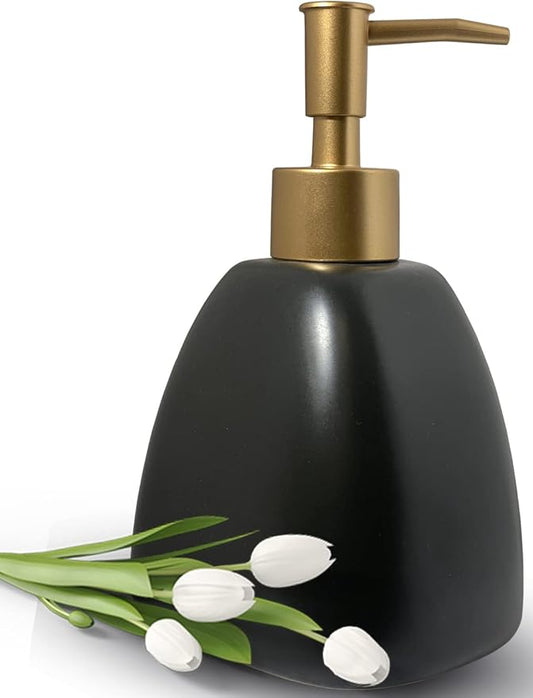Liquid Soap Dispenser for Bathroom with Gold Pump，Dish Soap Dispenser for Kitchen，Refillable Countertop Lotion Ceramics Black Hand Soap Dispenser for Shower 430ml (Pyramid Matt Black Bottle)