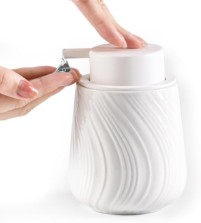 soap Dispenser Ceramic Lotion Dispenser with Easy-to-Press Pump for Bathroom 13.5 oz refillable Liquid Hand soap Dispenser for Hand sanitizers (Liquid-White)
