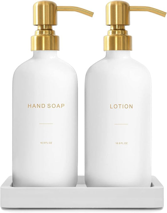 Gold Soap Dispenser Bathroom Set, Hand and Lotion Dispenser with Stainless Steel Pump, Perfect for Modern Bathroom Decor. (Gold)