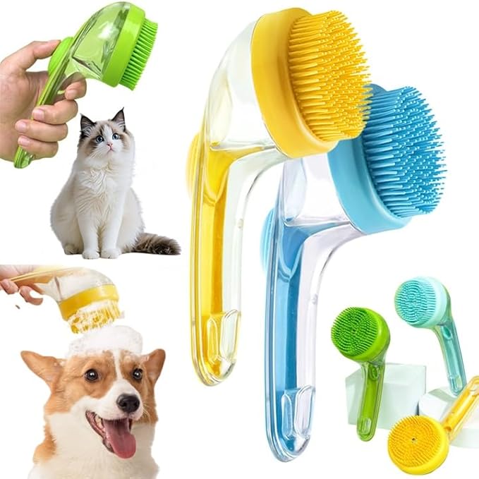 Bath Brush for Dogs with Soap Dispenser, 2025 New Dog Scrubber for Bath, 2 in 1 Dog Bath Brush with Built-In Shampoo Dispenser, Pet Wash Brush for Grooming, For Long Short Haired (Yellow+Blue)