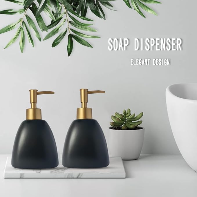 Liquid Soap Dispenser for Bathroom with Gold Pump，Dish Soap Dispenser for Kitchen，Refillable Countertop Lotion Ceramics Black Hand Soap Dispenser for Shower 430ml (Pyramid Matt Black Bottle)
