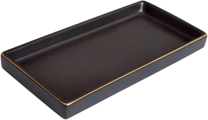 10 x 5 Ceramic Bathroom Tray for Countertop, Decorative Vanity Tray for Dresser Tops, Small Rectangular Trays for Perfume, Candle, Jewelry, Cosmetics (Black)