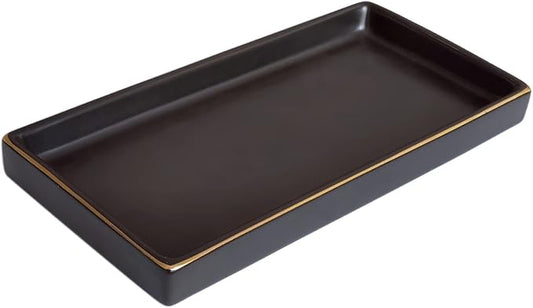 10 x 5 Ceramic Bathroom Tray for Countertop, Decorative Vanity Tray for Dresser Tops, Small Rectangular Trays for Perfume, Candle, Jewelry, Cosmetics (Black)