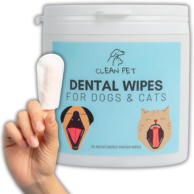 Organic Dog & Cat Dental Wipes - Vet Recommended Finger Toothbrush Wipes for Teeth Cleaning - Natural Plaque & Tartar Remover, Fresh Breath, Dual Textured - 50 Count