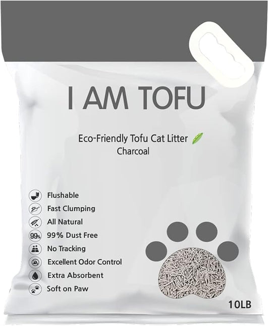 I AM TOFU - Tofu Cat Litter, Natural, Flushable, Dust Free Extra Clumping Pellet Litter (10 lb Bag, Charcoal)