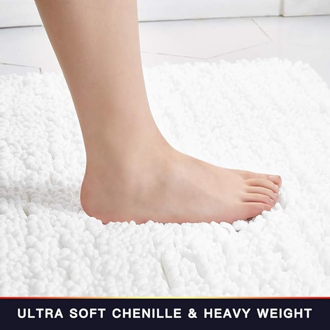 Walensee Large Bathroom Rug Non Slip Bath Mat (72x24 Inch White) Water Absorbent Super Soft Shaggy Chenille Machine Washable Dry Extra Thick Perfect Absorbant Best Plush Carpet for Shower Floor